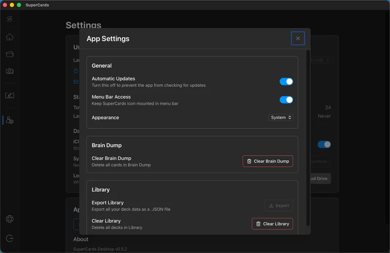 App Settings modal showing the Menu Bar Access toggle under General