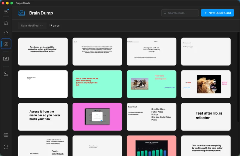 Brain Dump page showing a grid of Quick Card previews with search and the New Quick Card button
