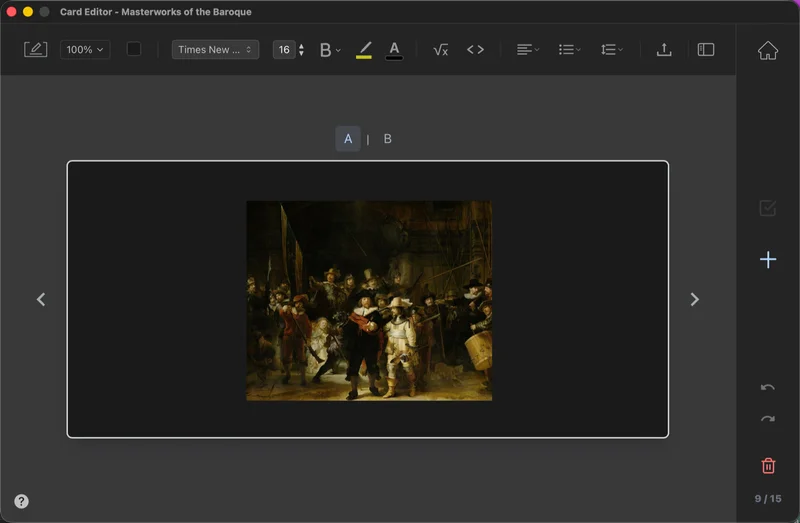 Card Editor showing the toolbar, the A|B face indicator, and a card with an image