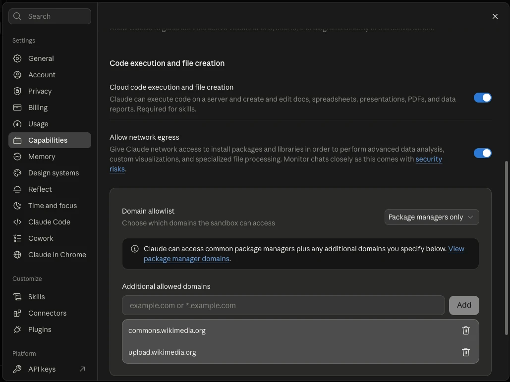 claude.ai settings open to Capabilities, with the Cloud code execution and file creation toggle switched on and Skills in the sidebar under Customize