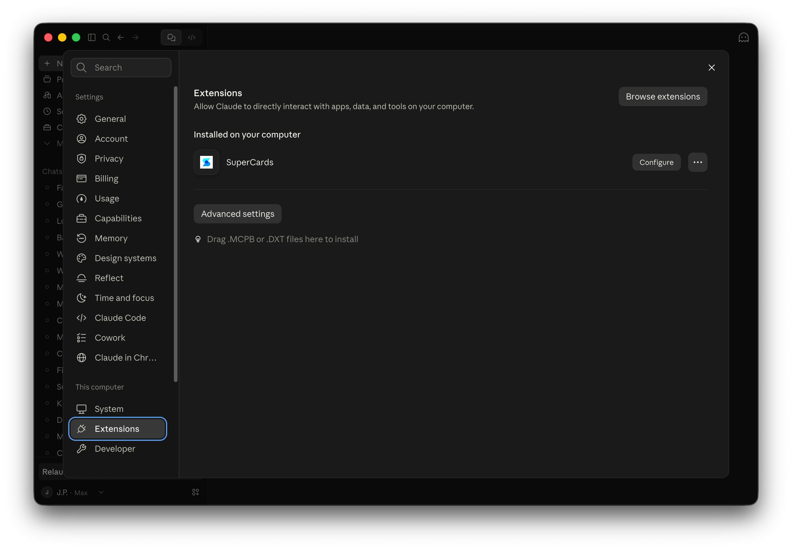 Claude Desktop settings open to Extensions, with SuperCards listed under Installed on your computer