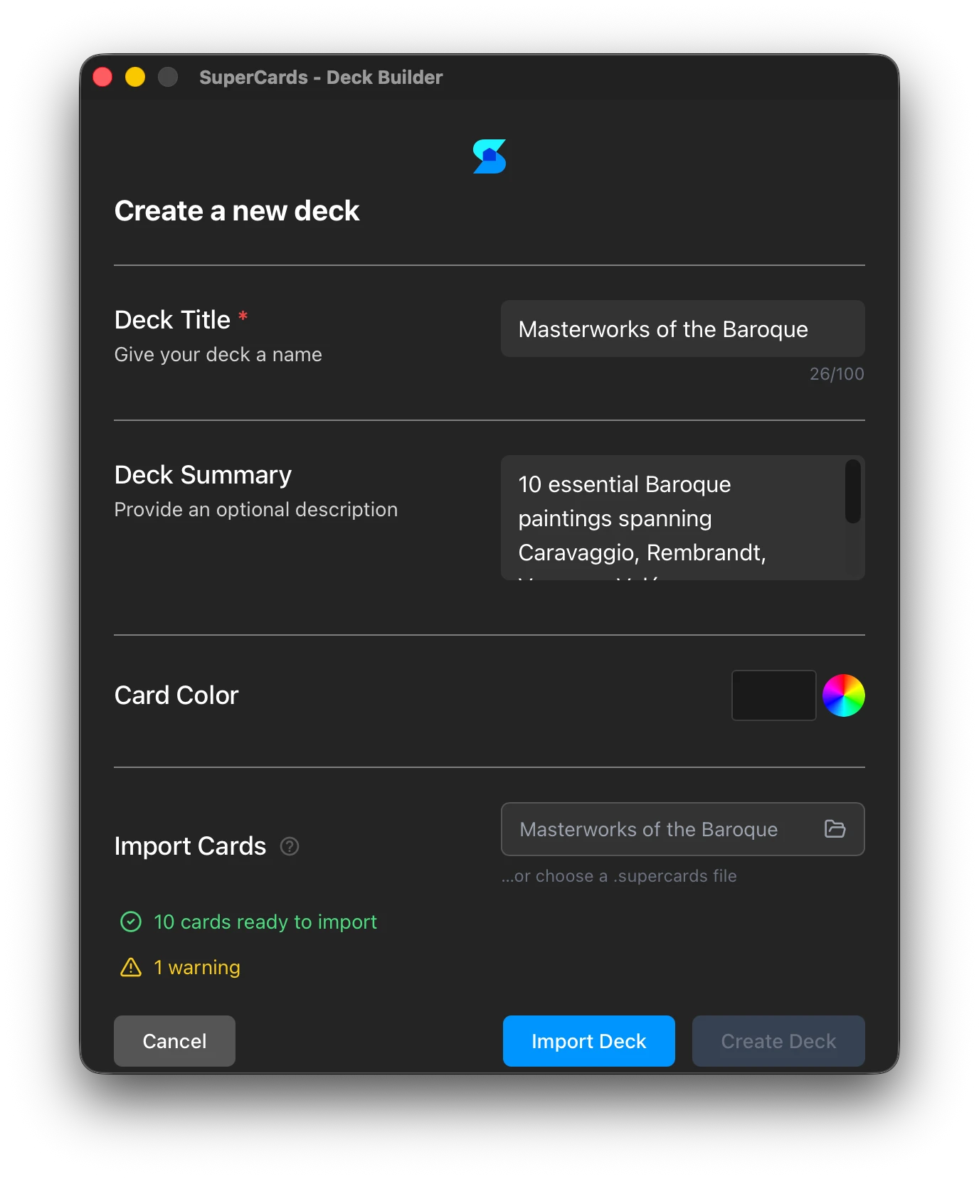 The Deck Builder after a folder is selected, showing the deck's title and summary filled in, 10 cards ready to import, and 1 warning
