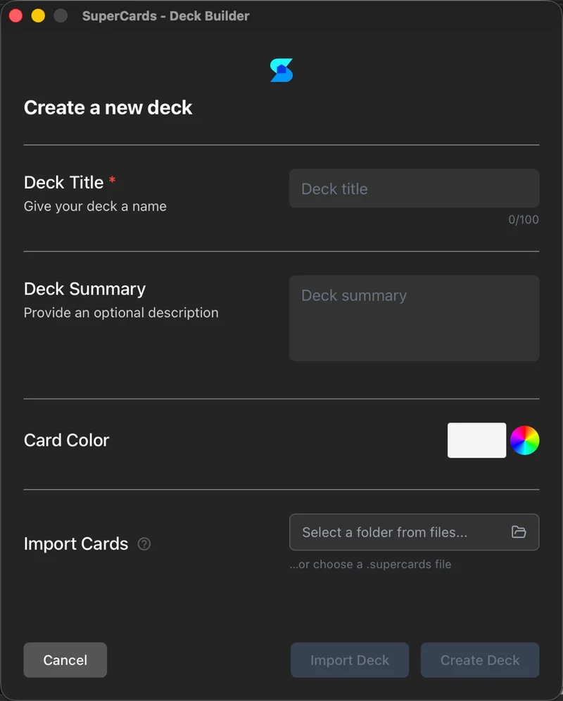 Deck Builder window with title, summary, card color, and import fields