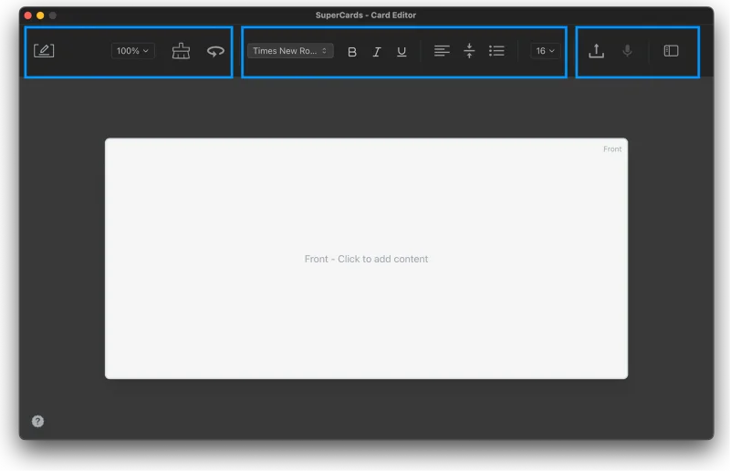 Card Editor toolbar with all controls
