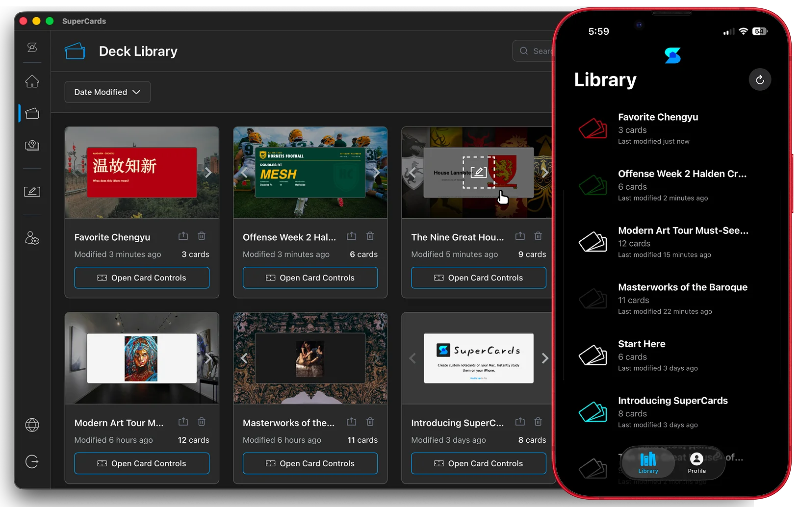 The SuperCards Deck Library on a Mac beside the same decks in the Library on an iPhone