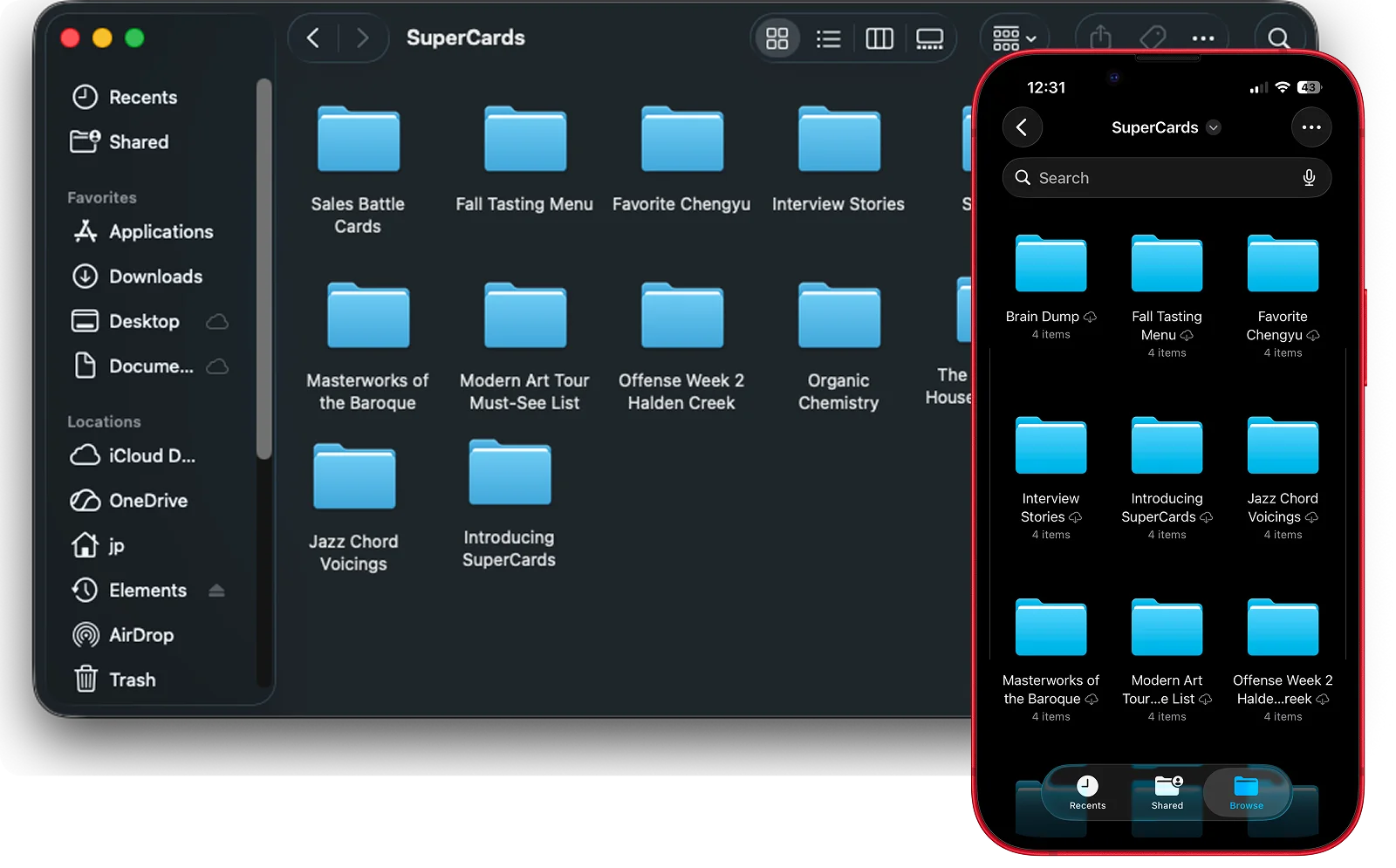 The SuperCards folder in Finder on a Mac and in the Files app on an iPhone, with one folder per deck