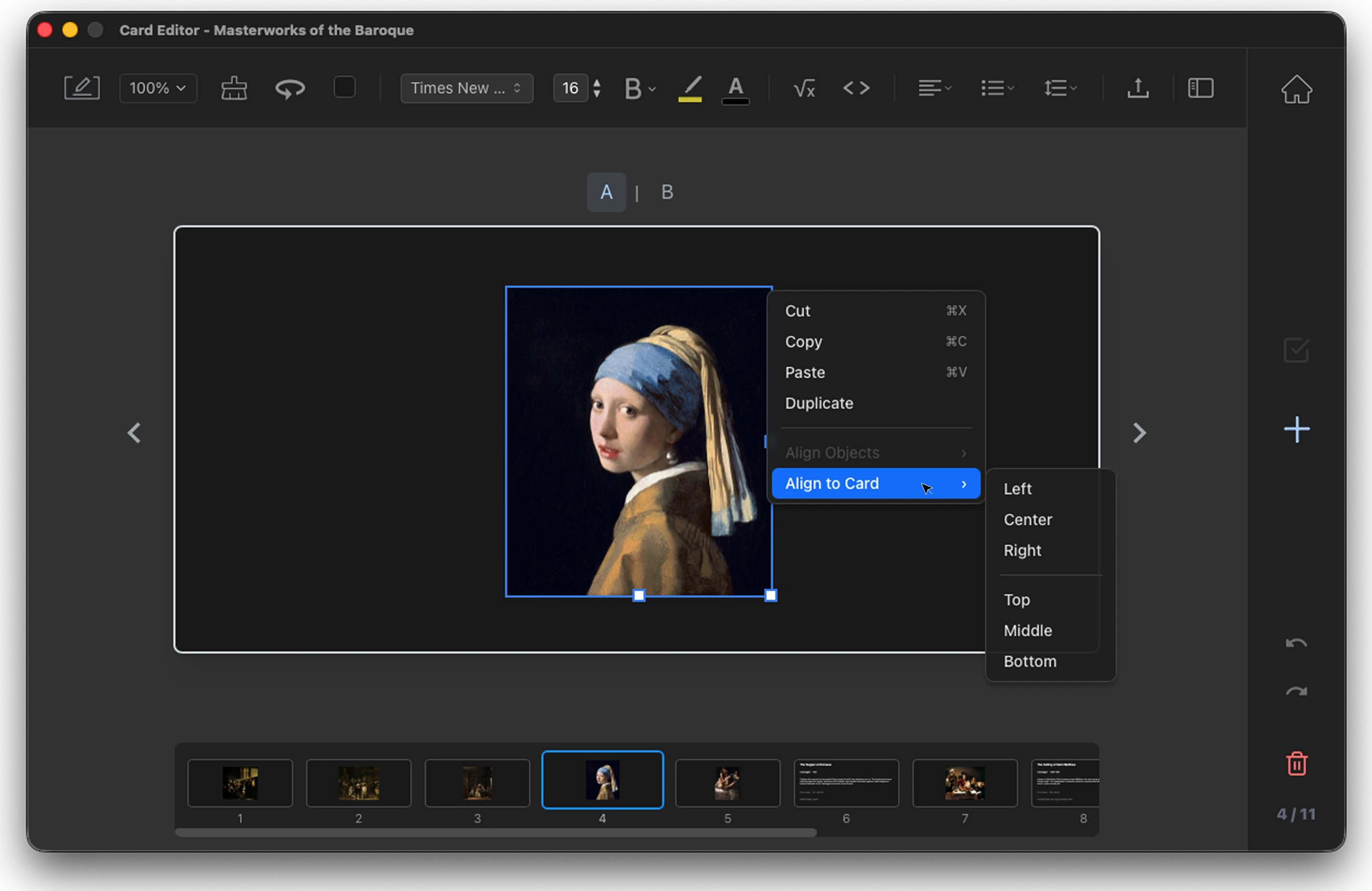 SuperCards Card Editor with an art history card open, aligning an embedded painting from the context menu