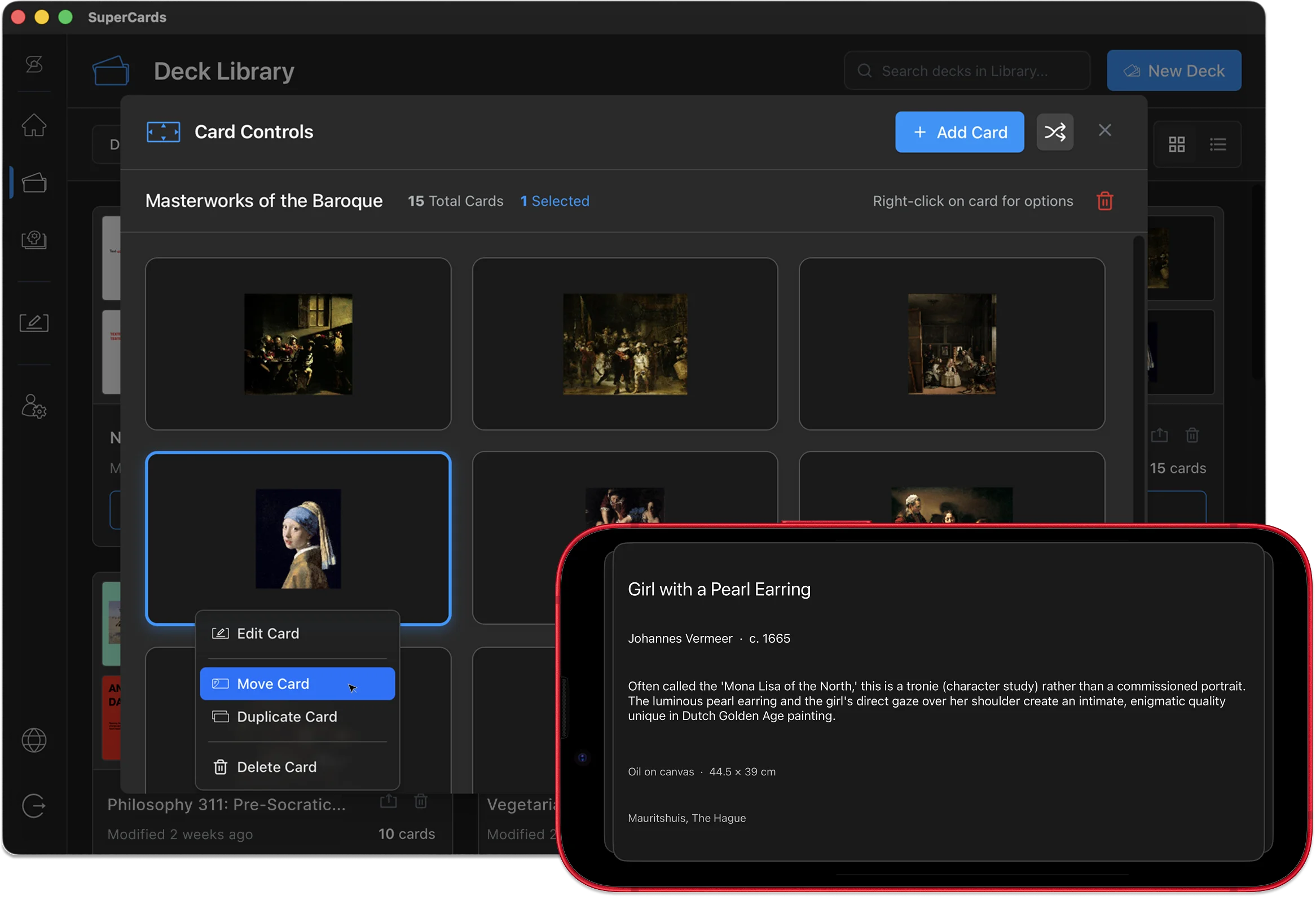 SuperCards desktop Card Controls view with three notecards, alongside an iPhone showing the same deck in study mode
