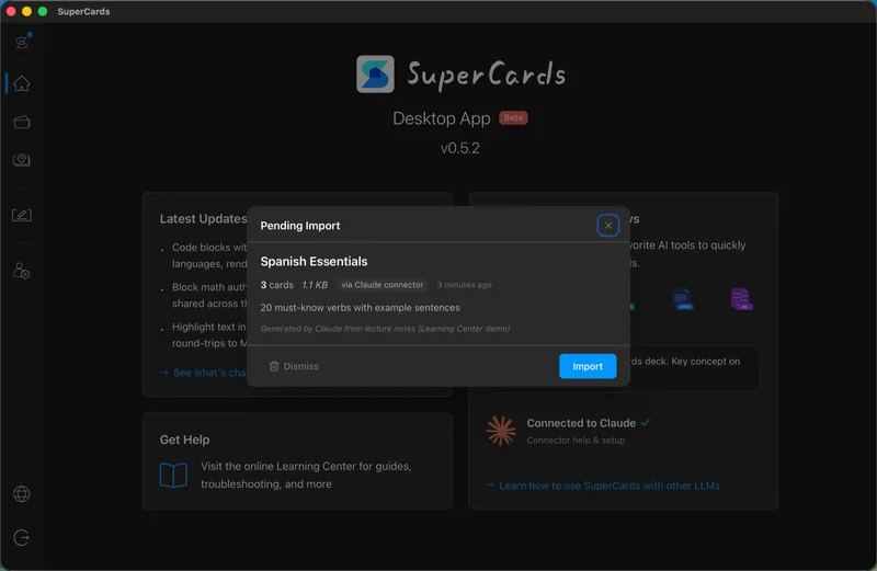 Pending Import dialog showing a deck's title, card count, source, and Import and Dismiss buttons