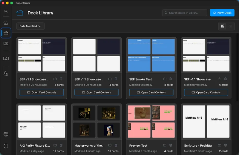 Deck Library grid view with deck tiles, search, sort, and view toggle