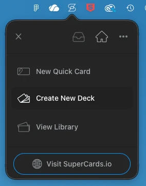 The SuperCards menu bar panel open under the S icon, with Create New Deck highlighted