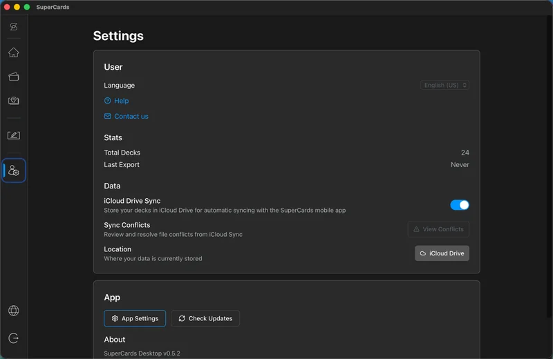 SuperCards Settings page showing the iCloud Drive Sync toggle, Sync Conflicts, and storage Location